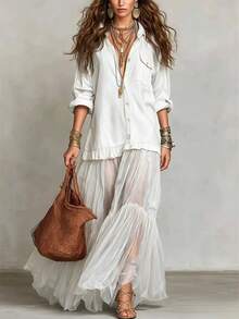 Women's Spring-Summer Short-Sleeve Non-Denim Fabric Shirt-Style Tiered Dress |   Casual Fashion Design Showcasing Relaxed Temperament, Ideal For Comfortable Outfits In Daily Outings & Light Vacation Occasions - OMFFGNZCQ-V - 查看 6