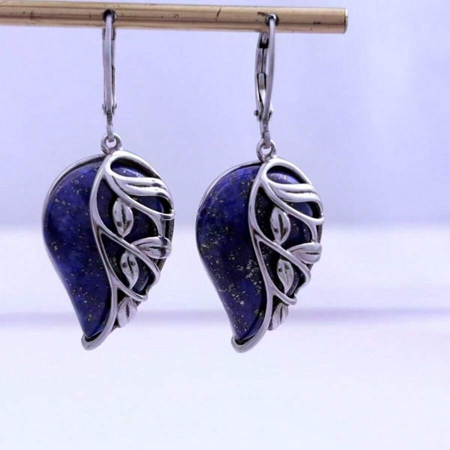 1 Đôi bông tai đá Lapis Lazuli tự nhiên, bông tai dáng hoa bằng thép không gỉ, bông tai màu ngọc lam, không gây dị ứng và không phai màu. - Màu xanh lam - Xem 1