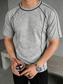Men's Round Neck Short Sleeve T-Shirt, Fashion Patchwork Casual Sports Knit Tee, Suitable For Daily Outdoor, Street Style Gym Workout Running - Grey - View 3