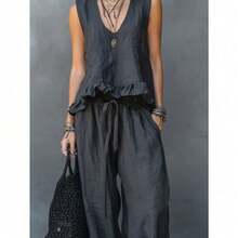 Conjunto casual de dos piezas para mujer talla grande con escote en V sin mangas detalle de volantes en gris oscuro moda verano - Gris - Ver 5