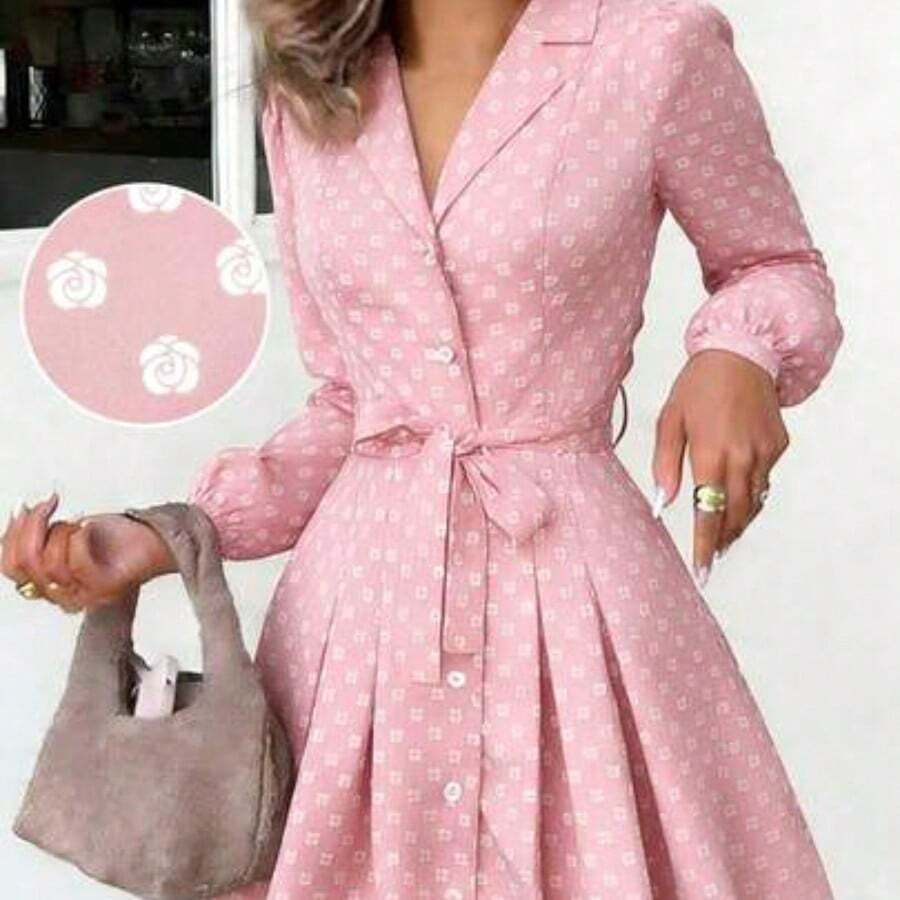 PariChic Women's Elegant Coffee-Colored Long-Sleeved Dress With A Romantic All-Over Rose Print, Featuring A Bow Belt, Front Buttons, And A Stylish Design Suitable For Autumn/Winter, Spring/Summer, Vacations, Valentine's Day Dates, Birthdays, A-Line Silhouettes, And Cute, Romantic Puff-Sleeved Short Dress - Rosa - Ver 1