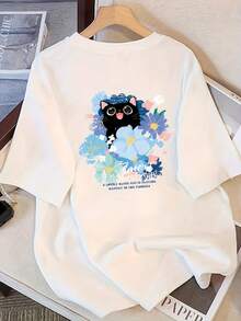 Women's High-Quality Pure Cotton Short-Sleeve T-Shirt Customized With A Cute Cat Design, Minimalist Casual Shirt, New Summer Style, Loose-Fitting Casual Top That Rejuvenates - Unisex Loose-Fitting Cotton Short-Sleeve T-Shirt With A Round Neck In An Urban Vintage Style. - 白色 - 查看 1