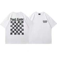 Camiseta de manga corta de estilo japonés, holgada y casual, con estampado de tablero de ajedrez pintado a mano, para parejas, hombres y mujeres. - Negro - Ver 2