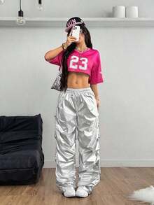 Pantalones largos rectos de pierna ancha de parachute plateados con revestimiento de PU para Y2K con cintura elástica y bolsillos - Plateado - Ver 4
