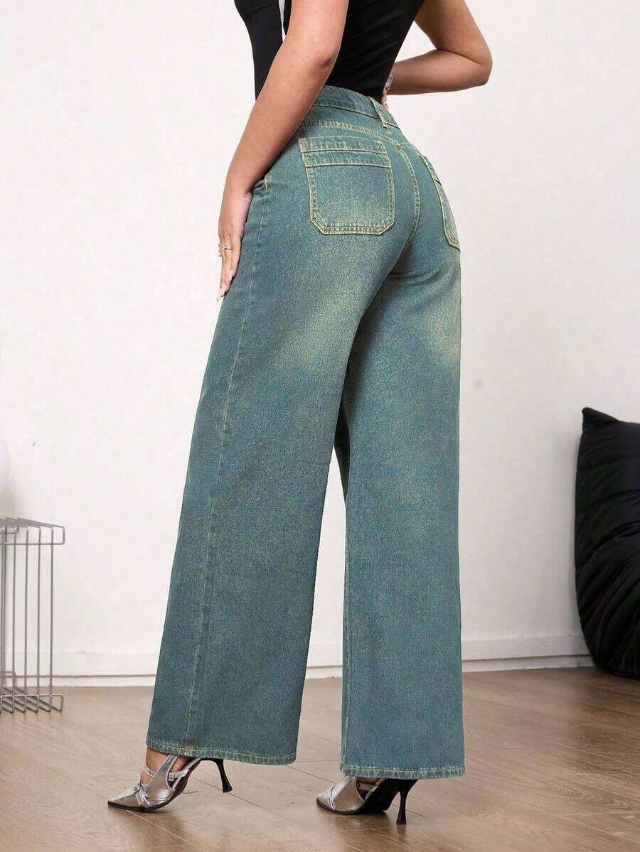 Jeans de pierna ancha de talle medio vintage para mujer - Uso casual elegante sin estiramiento - verde menta - Ver 1
