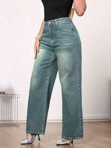 Jeans de pierna ancha de talle medio vintage para mujer - Uso casual elegante sin estiramiento - verde menta - Ver 3