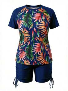 Swim Lushoire Conjunto de protector solar para mujer de talla grande con impresión de plantas tropicales en contraste para la playa de verano - Azul marino - Ver 6