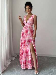 Vestido elegante y romántico para mujer con escote en V sin mangas, cintura hueca, plisado en línea A y estampado floral - Multicolor 3 - Ver 5
