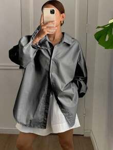 Blusa suelta de manga larga con cuello vuelto, abertura en la espalda y lazo, unicolor, ropa de otoño para mujer - Gris - Ver 2