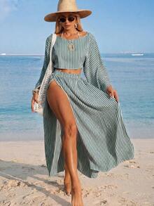 Swim Vcay Conjunto de dos piezas de cubrecuerpo casual de manga larga y abertura para la playa en color blanco para mujer - Verde Oscuro - Ver 4