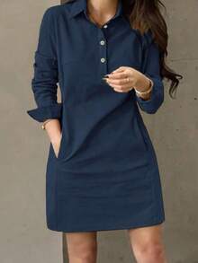 Vestido corto elegante de mujer con manga larga, estilo de moda casual con solapa y decoración de botones, para primavera y otoño - Azul marino - Ver 6