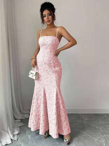 Vestido de fiesta de satén con textura floral azul, de tirantes cruzados y sin mangas, multifuncional - Rosa Pálido - Ver 6