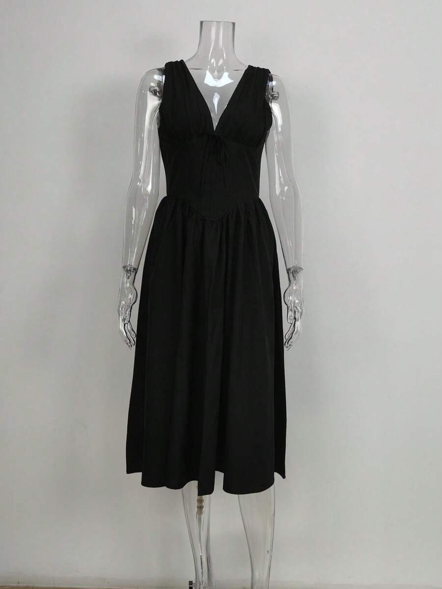 Vestido largo primavera plisado con hombros al descubierto estampado elegante y favorecedor estilo europeo - Negro - Ver 1