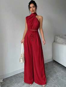 Conjunto de dos piezas para mujer con top de cuello apilado elegante color albaricoque y pantalones de pierna ancha, ropa de maestra, pantalones ligeros y cómodos, conjunto de dos piezas con top sin mangas asimétrico, adecuado para primavera, verano y otoño, conjunto de dos piezas con pantalones holgados, conjunto de dos piezas de diseñador, atuendo para mujeres para conciertos, vestido de noche elegante, adecuado para uso diario, fiestas, temporada de graduación, temporada de bodas, disfraces para actuaciones - Rojo - Ver 8