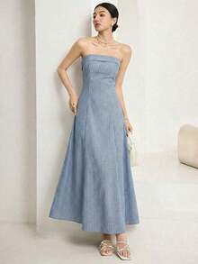 Vestido largo elegante sin tirantes con cremallera en la espalda a rayas para mujer, uso diario casual - Azul marino - Ver 5