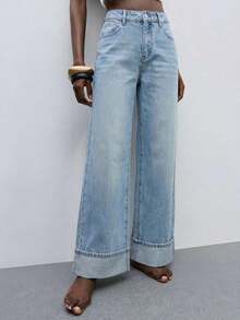 Maija Jeans anchos de pierna ancha, minimalistas y sueltos con puños para mujer - Lavado ligero - Ver 3