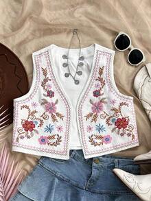 Blusa de mujer con estilo romántico campestre, bordada con flores coloridas sobre fondo blanco, de frente abierto y sin mangas, ropa de mujer para otoño, ropa de vacaciones, ropa de vuelta al colegio - Multicolor - Ver 4