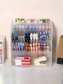 1pc Slanted Pen Holder Desk Organizer Box, Multi-Compartment Large Capacity Stationery & Cosmetic Storage - Multicolor - View 3