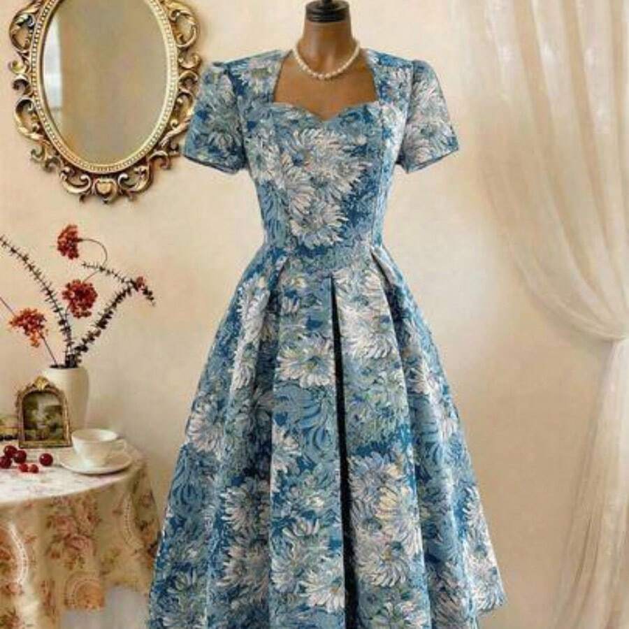 Vintage Elegant Women's Dress Jacquard Sweetheart Neck Casual Holiday Party Dress Summer Dresses For Women Summer Outfits Festival Outfits For Women Festival Dresses Mothers Day Outfit Elegant Dresses For Women Elegant Dresses For Party Elegant Party Dresses For Women Wedding Guest Dress For Women Graduation Dress Women Prom Dress Vacation Outfits Women Holiday Dresses Country Concert Outfit Country Dress For Women Blue Dress Retro Dress Vintage Dress Tea Party Dress For Elegant Women - Azul - Ver 1