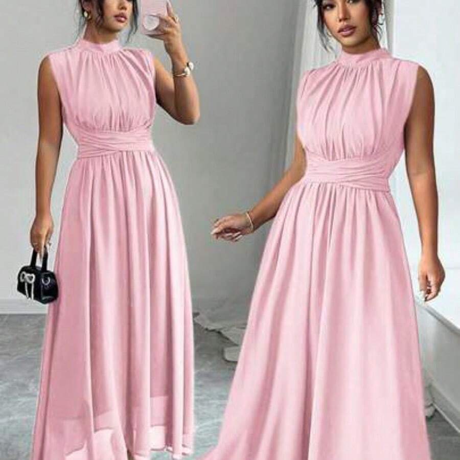 Elenzya Women's Spring/Summer French Romantic Sicily Elegant Casual Commute Vacation Afternoon Tea Party Solid Color Chiffon Stand Collar Loose Criss-Cross Tie Waist A-Line Bow Tie Sleeveless Lined Maxi Dress - Rosa Pálido - Ver 1