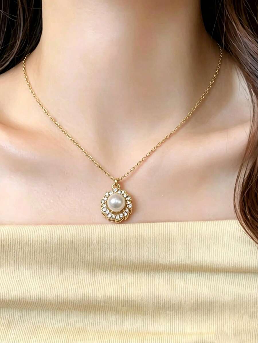 1 chiếc vòng cổ mặt dây chuyền ngọc trai giả hình tròn rỗng, sang trọng, cao cấp kiểu Pháp, thích hợp cho phụ nữ đeo hàng ngày, lễ hội, đám cưới, tiệc tùng, du lịch. - Vòng cổ ngọc trai hình học - Xem 1