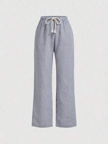 Pantalones rectos con cintura de cordón y rayas para mujer - Azul marino - Ver 1