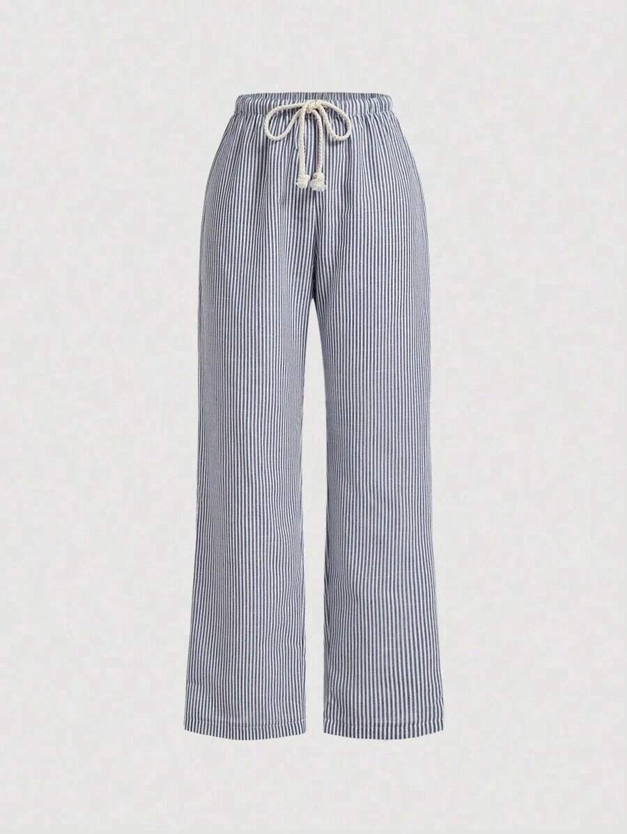 Pantalones rectos con cintura de cordón y rayas para mujer - Azul marino - Ver 1