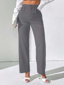 Pantalones rectos de cintura alta de unicolor casual para mujer - Gris - Ver 3