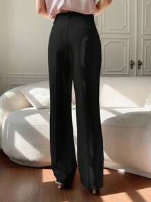 Pantalones casuales de mujer con bolsillo delantero liso, estilo casual de negocios, pantalones de vestir de mujer de talle bajo - Negro - Ver 4