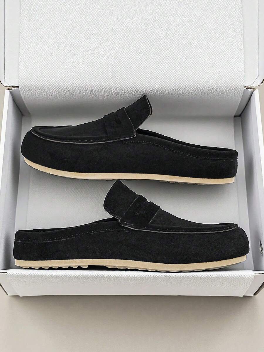 1 đôi giày lười đế bệt da lộn màu đen kiểu retro, giày casual xỏ chân, phong cách đường phố cho mùa xuân và mùa thu. - màu đen - Xem 1