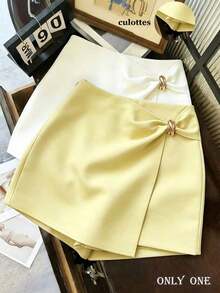 Pantalones cortos de mujer, Faldas de mujer, Pantalones cortos caqui de cintura alta asimétrica con hebilla metálica, estilo casual y versátil, Falda de mujer, Falda-pantalón con dobladillo dividido de doble capa, Vestido y pantalones de mujer co - Amarillo claro - Ver 4