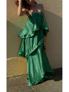Women's Tiered Ruffle Strapless Maxi Dress, Satin Fabric For Formal Events & Galas - 粉紅色 - 查看 11