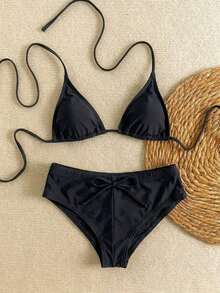 Nuevo conjunto de bikini con estampado de lunares sexy, espalda descubierta y lazo, con tirantes de espagueti para playa y piscina en vacaciones - Color negro sólido - Ver 2