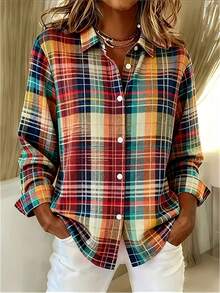 Women's All-Season Fashion Multi-Color Plaid Long Sleeve Button-Front Collar Shirt Top - Dark Red - View 8