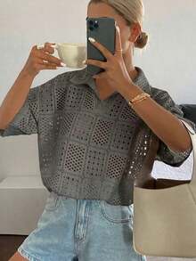 Women's Short-Sleeved Polo Shirt, Loose Fit, Textured And Openwork Fabric, For Summer - Dark Grey - View 2