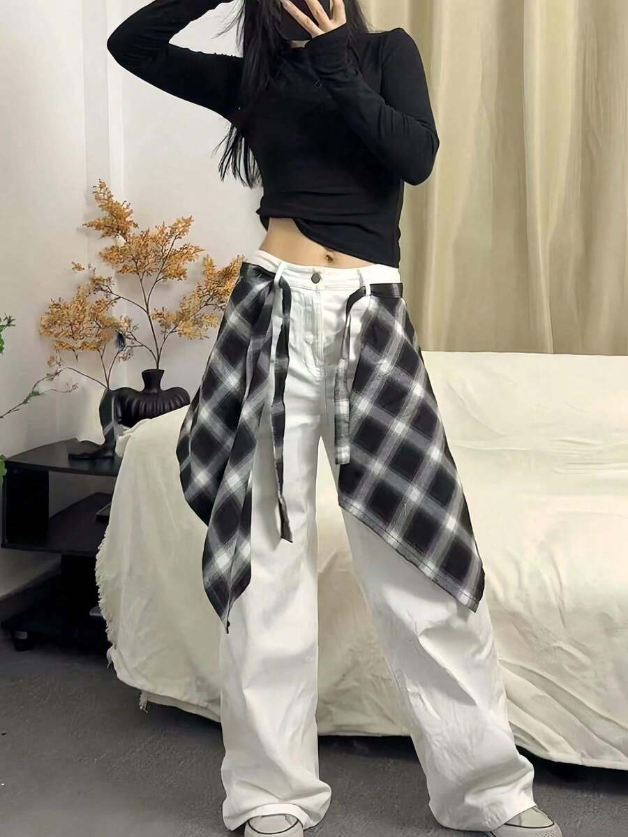 1件新款格紋臀部遮蓋裙，獨特時尚的臀部遮蓋裙，格紋百褶裙可遮蓋下半身，分層高腰圍繞式百搭A字裙，適合日常穿著與瑜伽