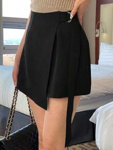 Falda pantalón de verano casual de unicolor con abertura lateral para mujer - Negro 5 - Ver 9
