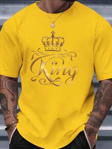 Men's Crew Neck T-Shirt, 100% Cotton, Graphic Print, Breathable And Lightweight Fabric, Machine Washable, Casual Style Ideal For Everyday Wear, Outings And Dates All Year Round - 黃色 - 查看 4