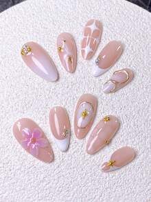 Bộ 10 móng tay giả thủ công phiên bản giới hạn mùa hè, hình hạnh nhân ngắn, màu hồng nude nhẹ nhàng và ngọt ngào, được vẽ tay với hoa hồng 3D, dấu sao, đường kẻ caro, đường kim loại, đá rhinestone mạ vàng, hiệu ứng thạch trong suốt, đa năng và nhẹ nhàng, bao gồm dụng cụ làm móng, dễ dàng dán và gỡ bỏ, phù hợp cho các buổi hẹn hò mùa hè, đi làm và các dịp khác, bộ móng tay hình hạnh nhân độc quyền mùa hè dành cho phái nữ và các cô gái. - Hồng - Xem 7