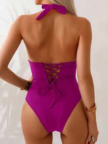 Traje de baño de una pieza con control de abdomen, estilo minimalista de unicolor, con escote halter y espalda descubierta, para vacaciones de verano en la playa - Rojo violeta - Ver 7