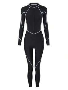 Bikinx Traje de baño de una pieza deportivo con cremallera frontal, manga larga, ajustado, con ribete de contraste de unicolor para vacaciones y playa en verano - Negro - Ver 2