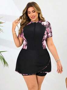 Swim  Traje de baño de una pieza con estampado de hojas para mujer de talla grande, estilo casual de vacaciones - Rosa Fucsia - Ver 4