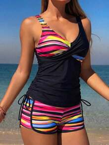 Traje de baño de mujer para vacaciones de primavera, estampado tropical de plantas, short estilo chico con camisilla incluida, bikini - Multicolor - Ver 5