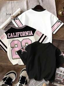 Set de 3 camisetas holgadas de manga corta con cuello redondo, estampado de letras y números, de estilo minimalista y casual, adecuadas para verano, Mundial, exterior, estilo callejero, chic, Y2K, vacaciones en la playa - Multicolor 4 - Ver 10