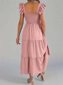 Nuevo vestido midi de unicolor con cuello cuadrado, casual, con espalda descubierta, volantes y sin mangas, color caqui, elegante para primavera/verano - Rosa - Ver 2