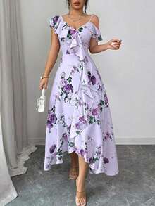 Vestido largo rosa de estilo retro romántico para mujer, con estampado floral, cuello oblicuo, volantes en el bajo e bajo irregular, ideal para vacaciones en la playa, reuniones diarias, citas y fiestas - Morado - Ver 6