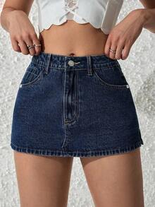 PETITE Pantalones cortos de mezclilla lisos para mujer, de moda para el verano - Azul lavado oscuro 2 - Ver 6
