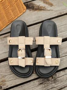 New Fashion Metal Buckle Decor, Platform Thick Bottom Slippers, Fashionable Slides, Comfortable Versatile Beach Sandals, Wedge Heels, Summer Shoes - Gray Velvet - View 7