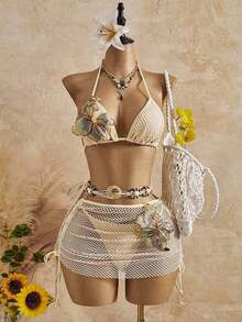Bellisia Conjunto de bikini de 3 piezas con estampado floral de tela texturizada, traje de baño con falda, conjunto de falda de playa para vacaciones de primavera/verano, conjunto de falda de bikini marrón de 2 piezas para mujer - Albaricoque - Ver 5