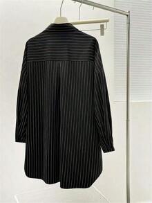 Cárdigan holgado vintage con bolsillo, blusa/top casual elegante con botones y manga larga a rayas verde, para mujer, atuendo primaveral/veraniego, para días festivos/Día de San Valentín - Negro - Ver 4
